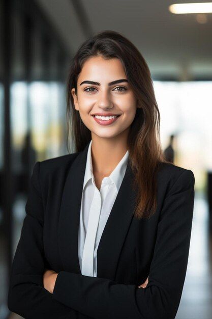 A confident young woman wearing a white shirt and black blazer, smiling with arms crossed, standing in a professional setting.