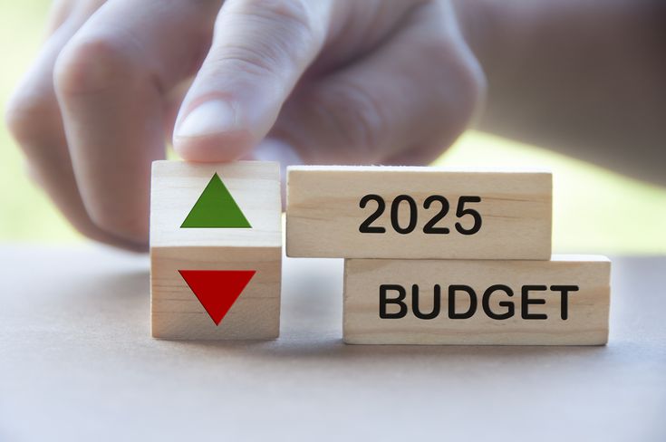 Wooden blocks with text Budget 2025 and up and down arrows, symbolizing financial planning and payroll changes.
