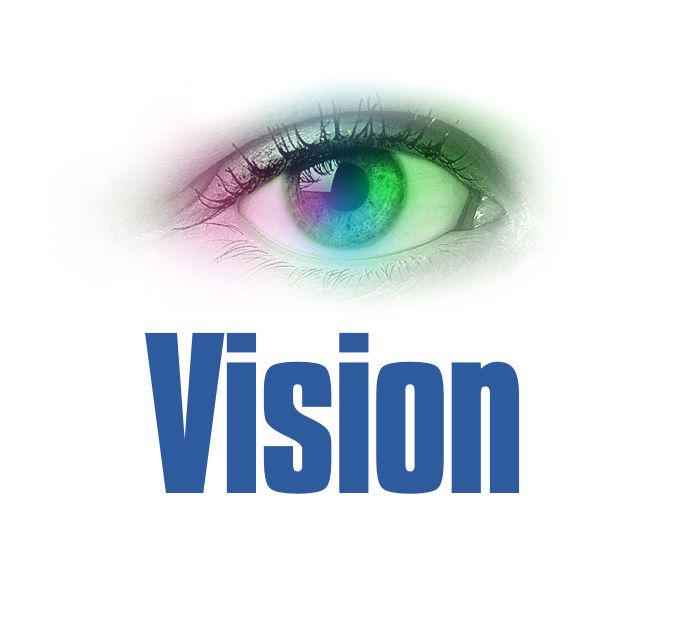 A digital image of a human eye with a colorful iris, and the word "Vision" in bold blue letters below it.sahyadri financial studio.