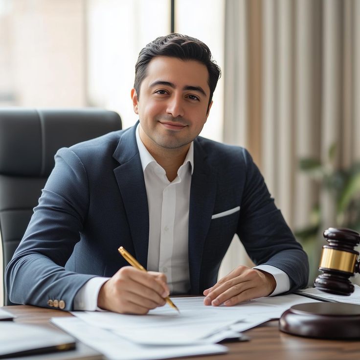 A professional man in a suit sitting at a desk and smiling at the camera while holding a pen.