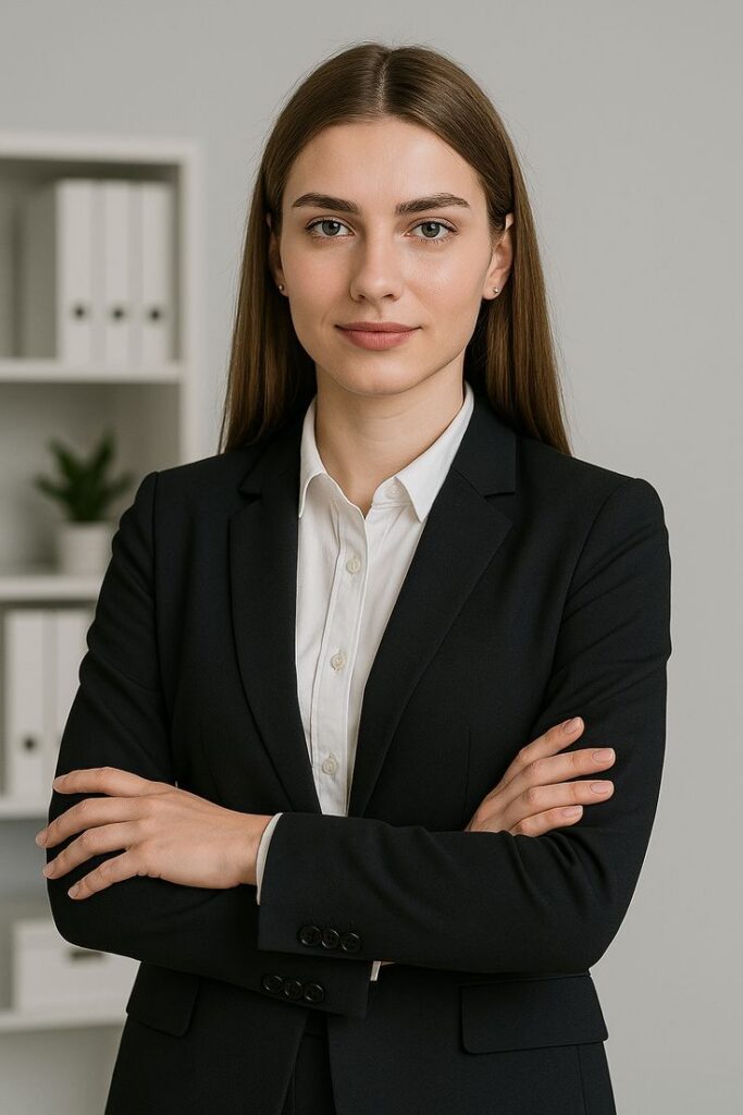A friendly and professional young woman with long brown hair stands with her arms crossed, smiling.