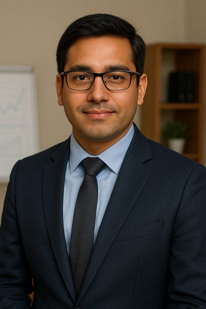 A professionally dressed young man wearing glasses and a black suit, standing confidently indoors, with a chartboard in the background.he is a financial advisor for middle class families.
